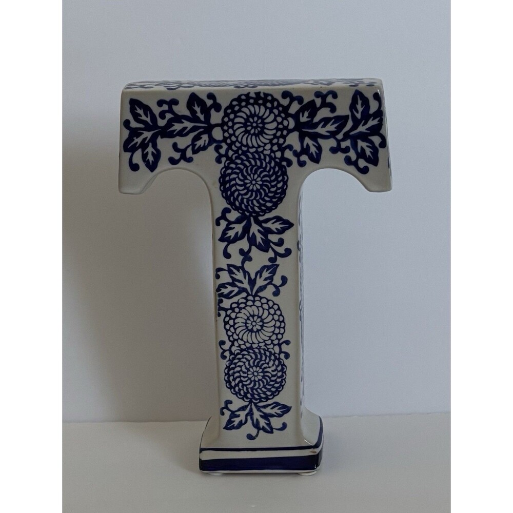 Decorative Ceramic Blue And White Letter T Floral Pattern Pottery Style 8” High